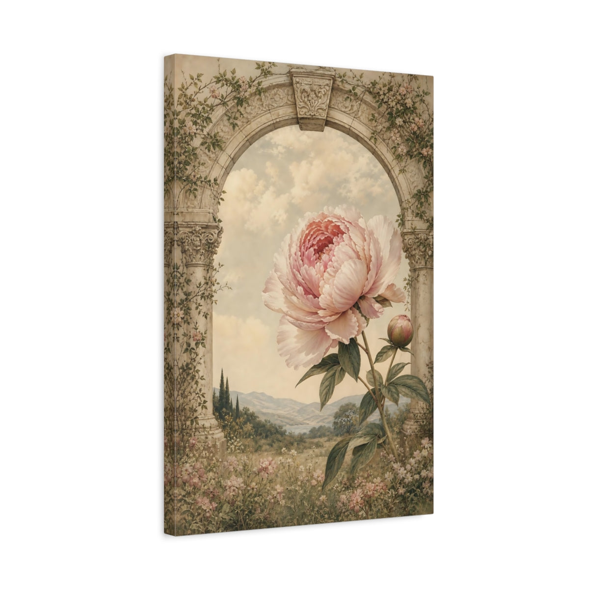 Side Mockup 3. Floral Peony Pink Peony Arch shown as stretched canvas wall art