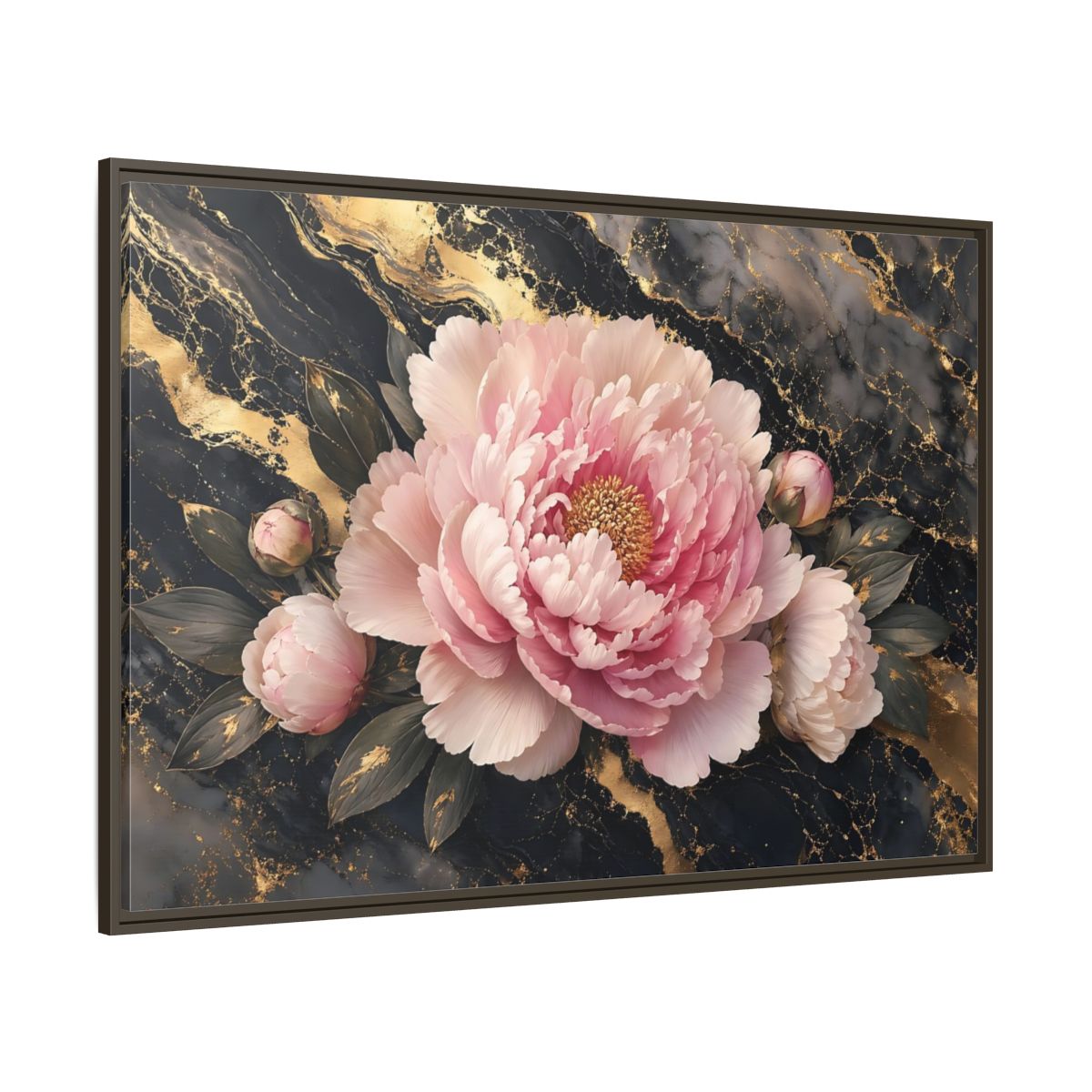 Side Mockup 8. Floral Peony Pink Gold Peony shown as stretched canvas wall art