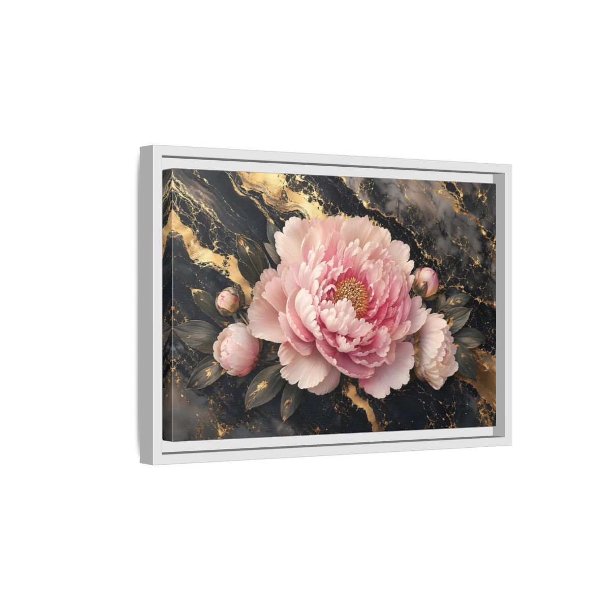 Side Mockup 4. Floral Peony Pink Gold Peony shown as stretched canvas wall art