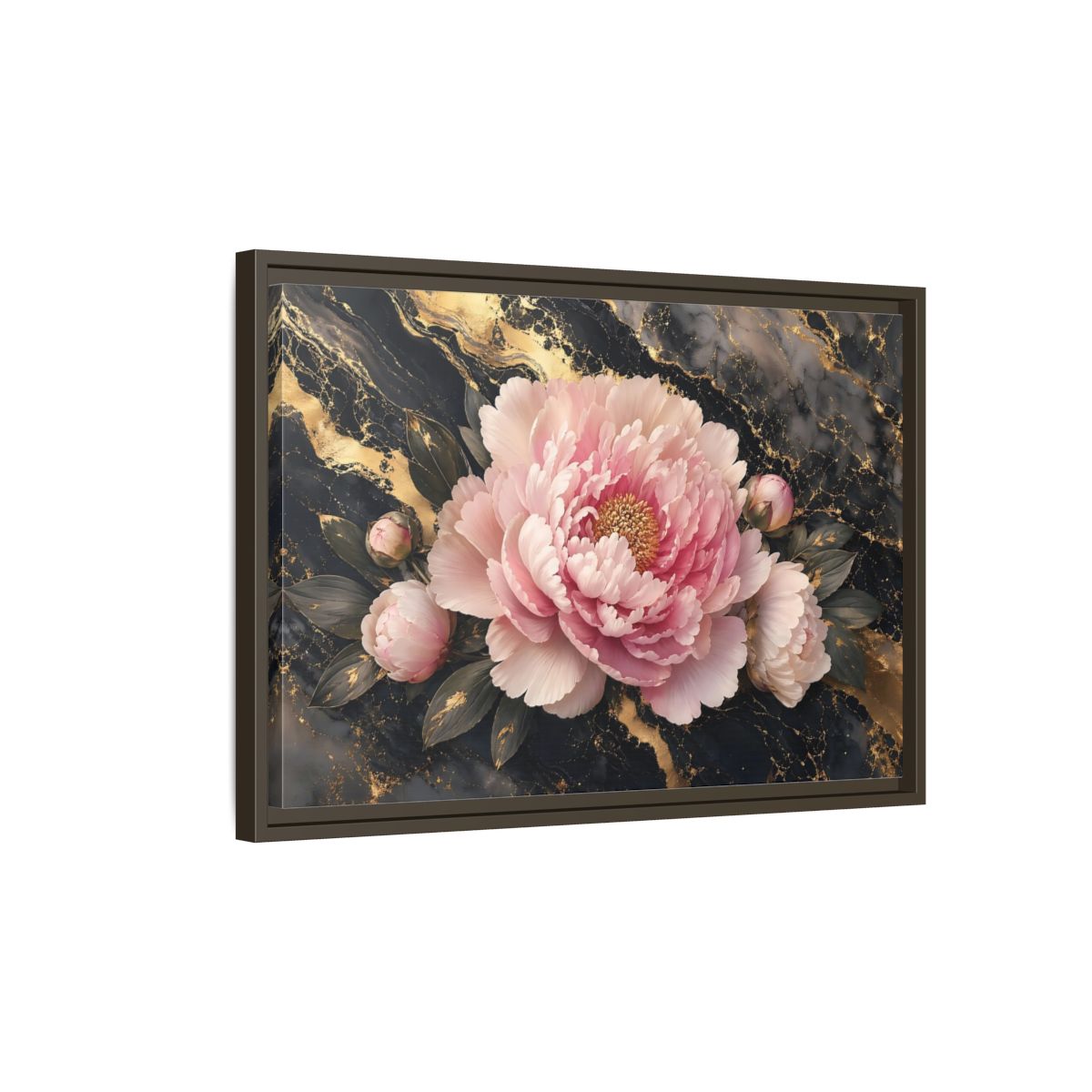 Side Mockup 2. Floral Peony Pink Gold Peony shown as stretched canvas wall art