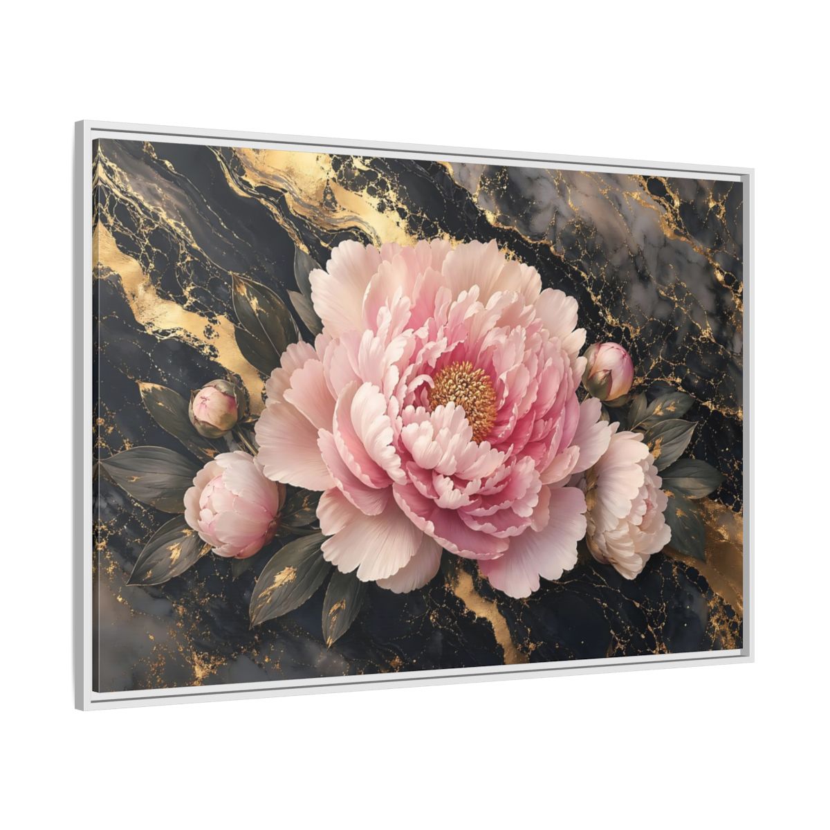 Side Mockup 7. Floral Peony Pink Gold Peony shown as stretched canvas wall art
