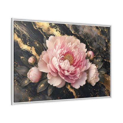 Side Mockup 7. Floral Peony Pink Gold Peony shown as stretched canvas wall art