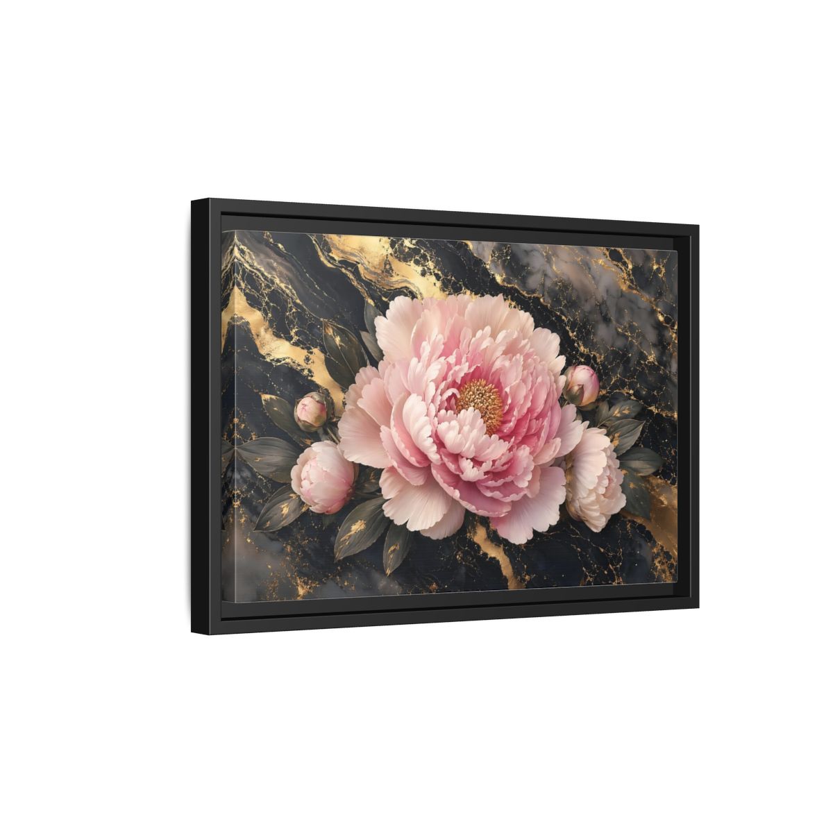 Side Mockup 6. Floral Peony Pink Gold Peony shown as stretched canvas wall art