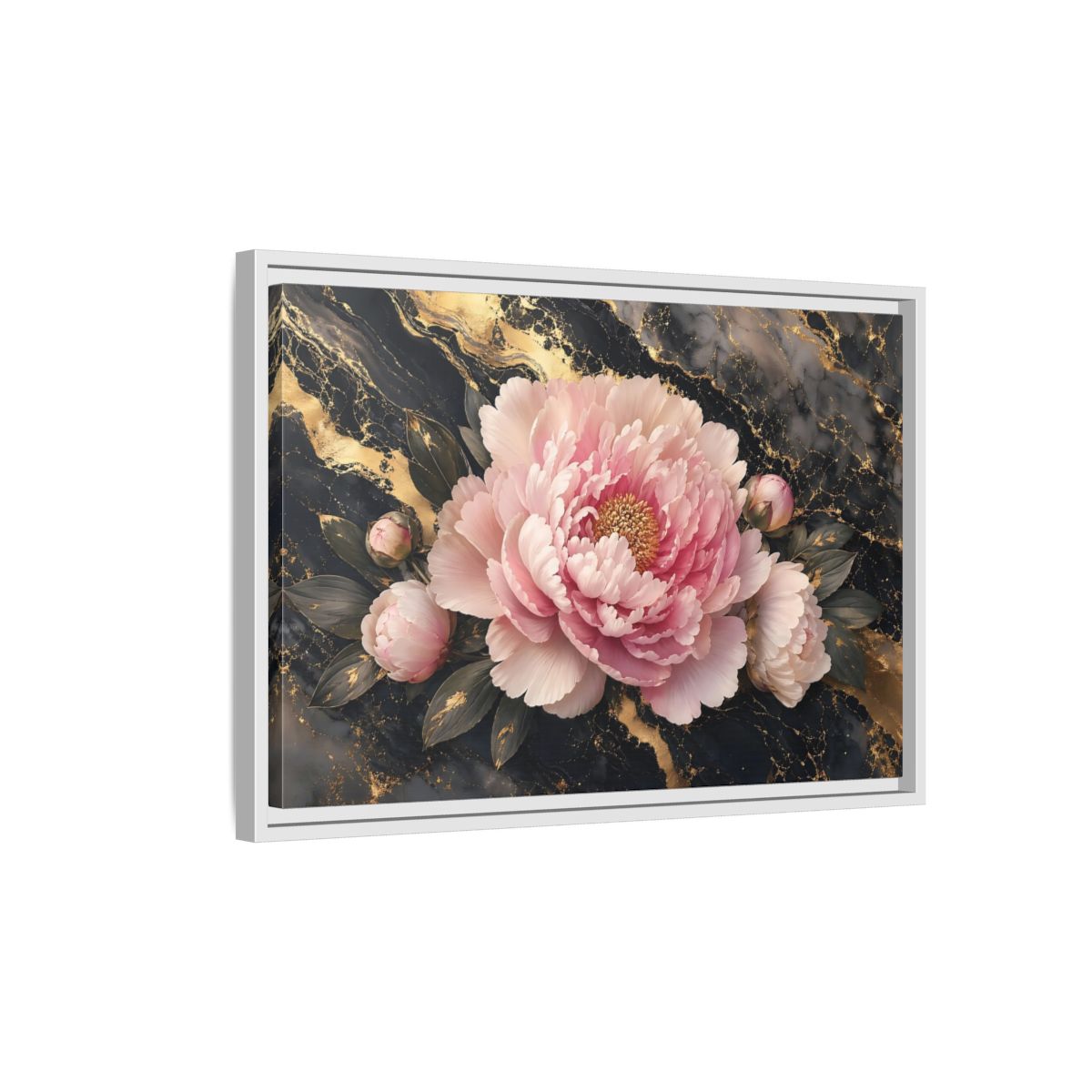 Side Mockup 1. Floral Peony Pink Gold Peony shown as stretched canvas wall art