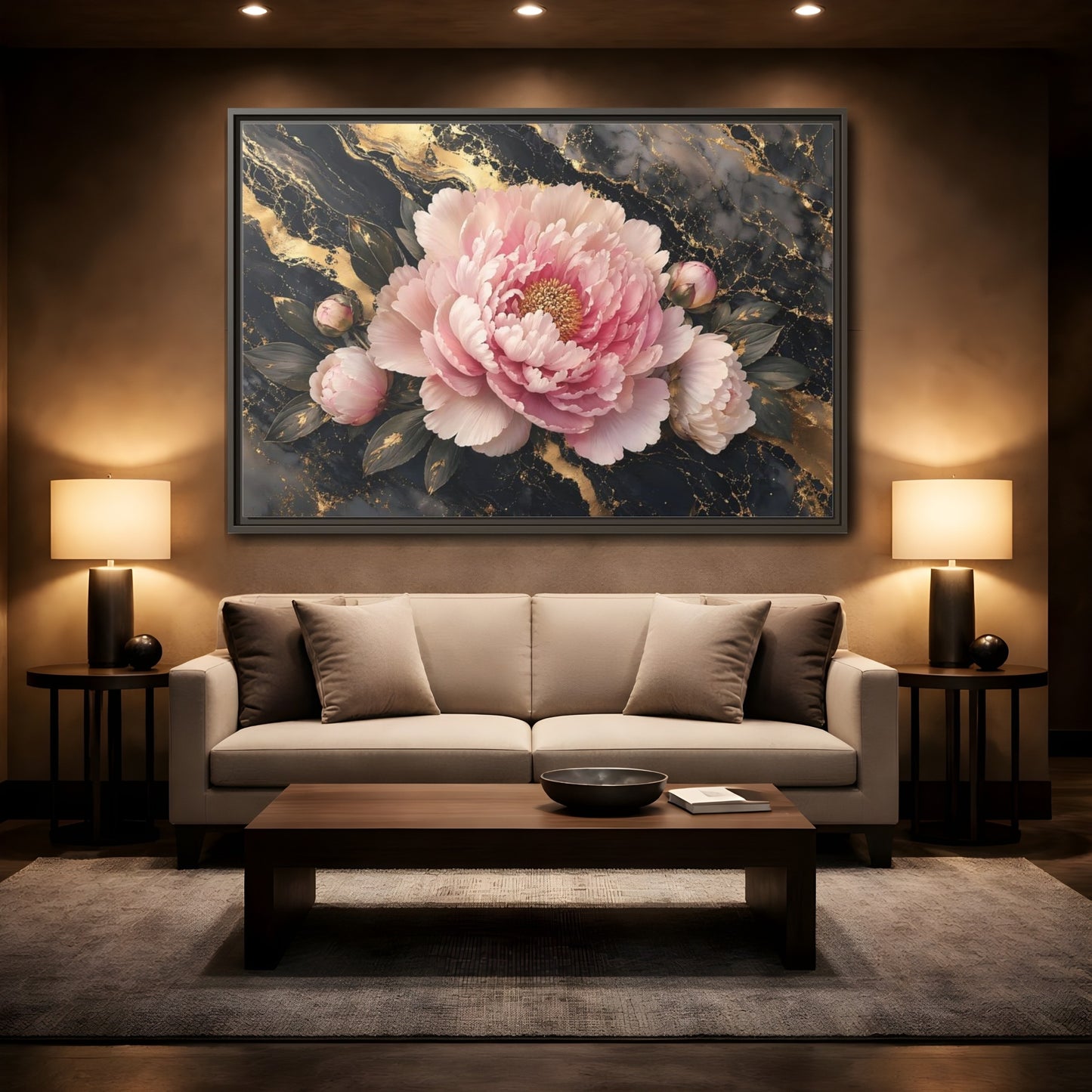 Mockup 2. Floral Peony Pink Gold Peony shown as stretched canvas wall art