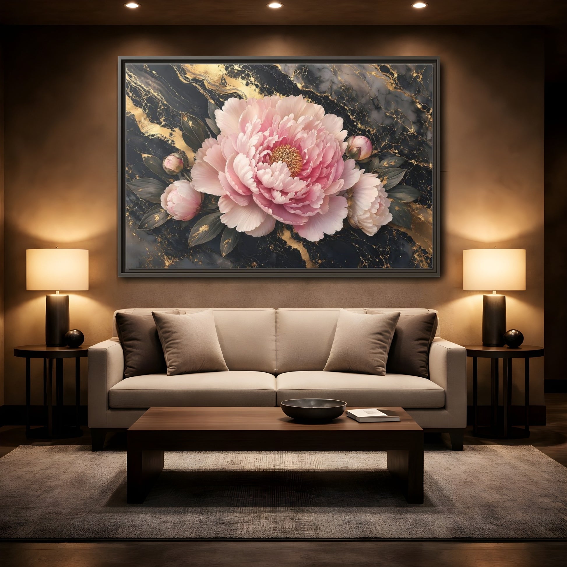 Mockup 2. Floral Peony Pink Gold Peony shown as stretched canvas wall art