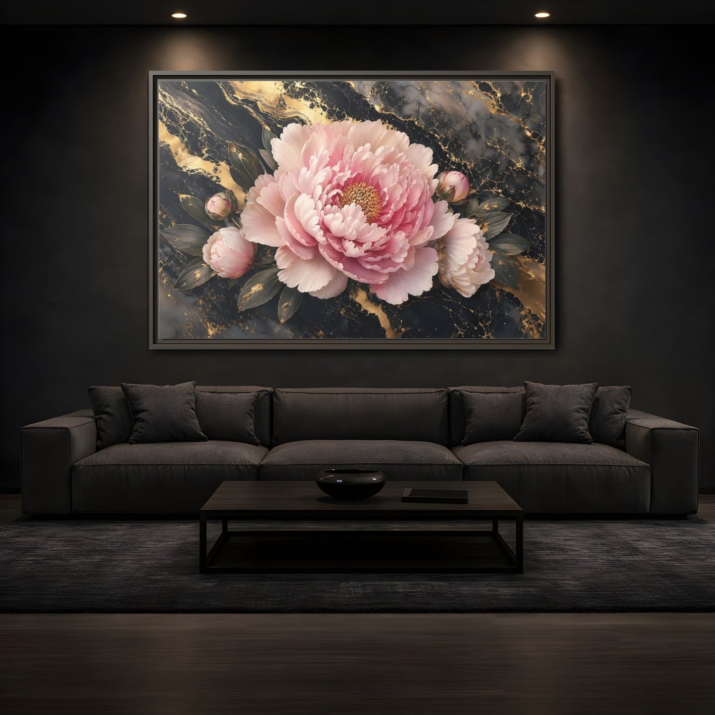 Mockup 3. Floral Peony Pink Gold Peony shown as stretched canvas wall art
