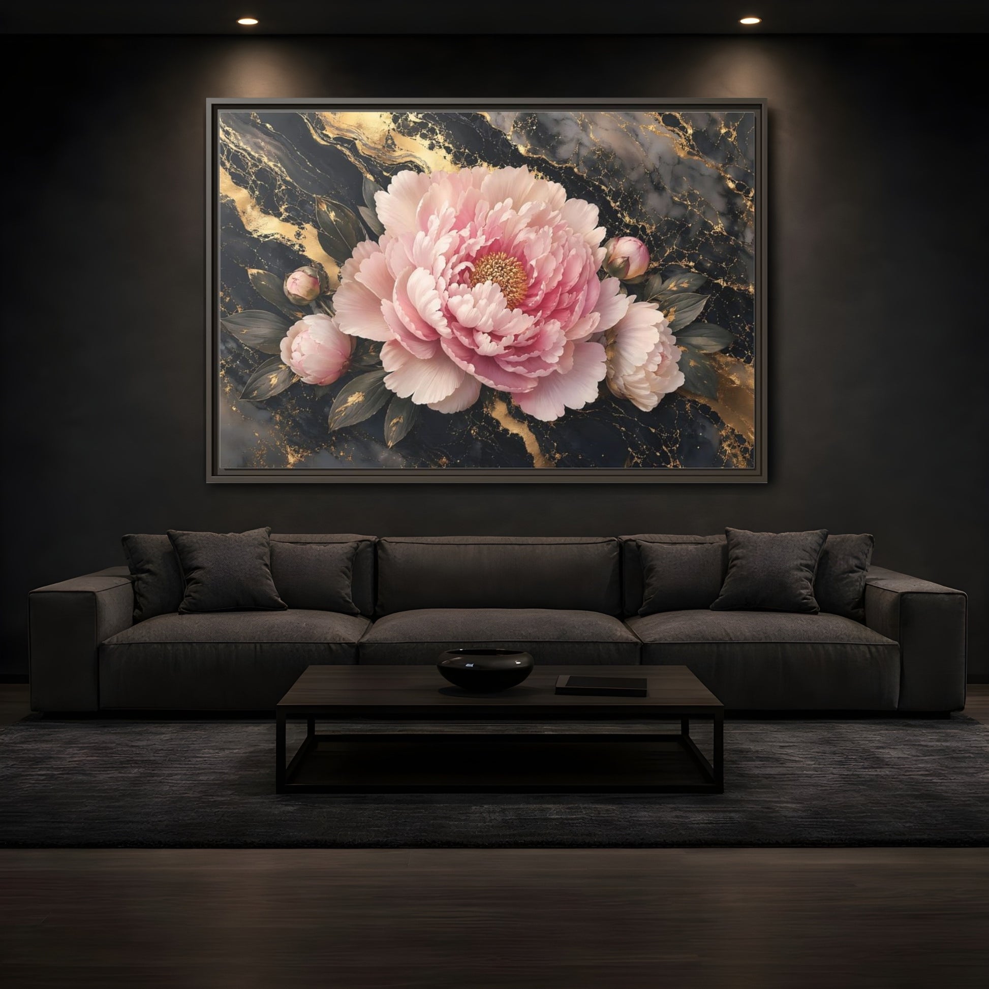 Mockup 3. Floral Peony Pink Gold Peony shown as stretched canvas wall art