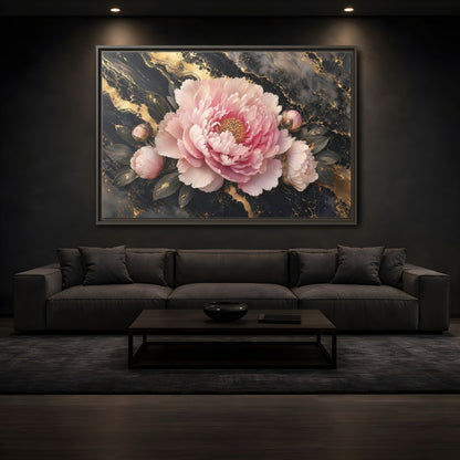 Mockup 3. Floral Peony Pink Gold Peony shown as stretched canvas wall art