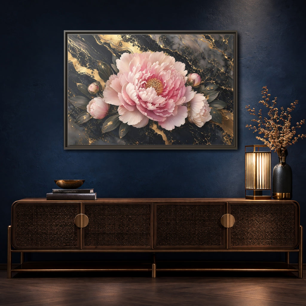 Mockup 4. Floral Peony Pink Gold Peony shown as stretched canvas wall art