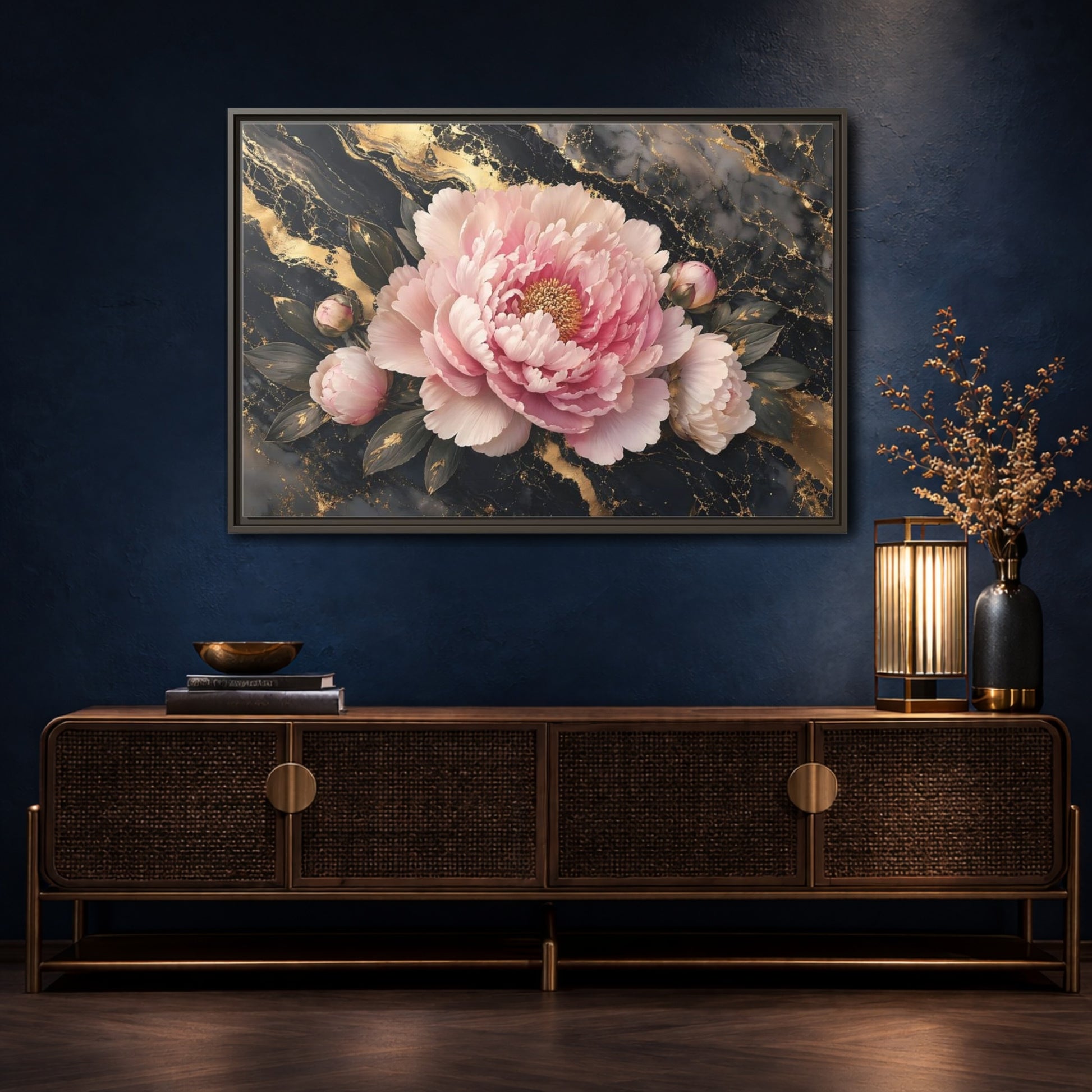 Mockup 4. Floral Peony Pink Gold Peony shown as stretched canvas wall art