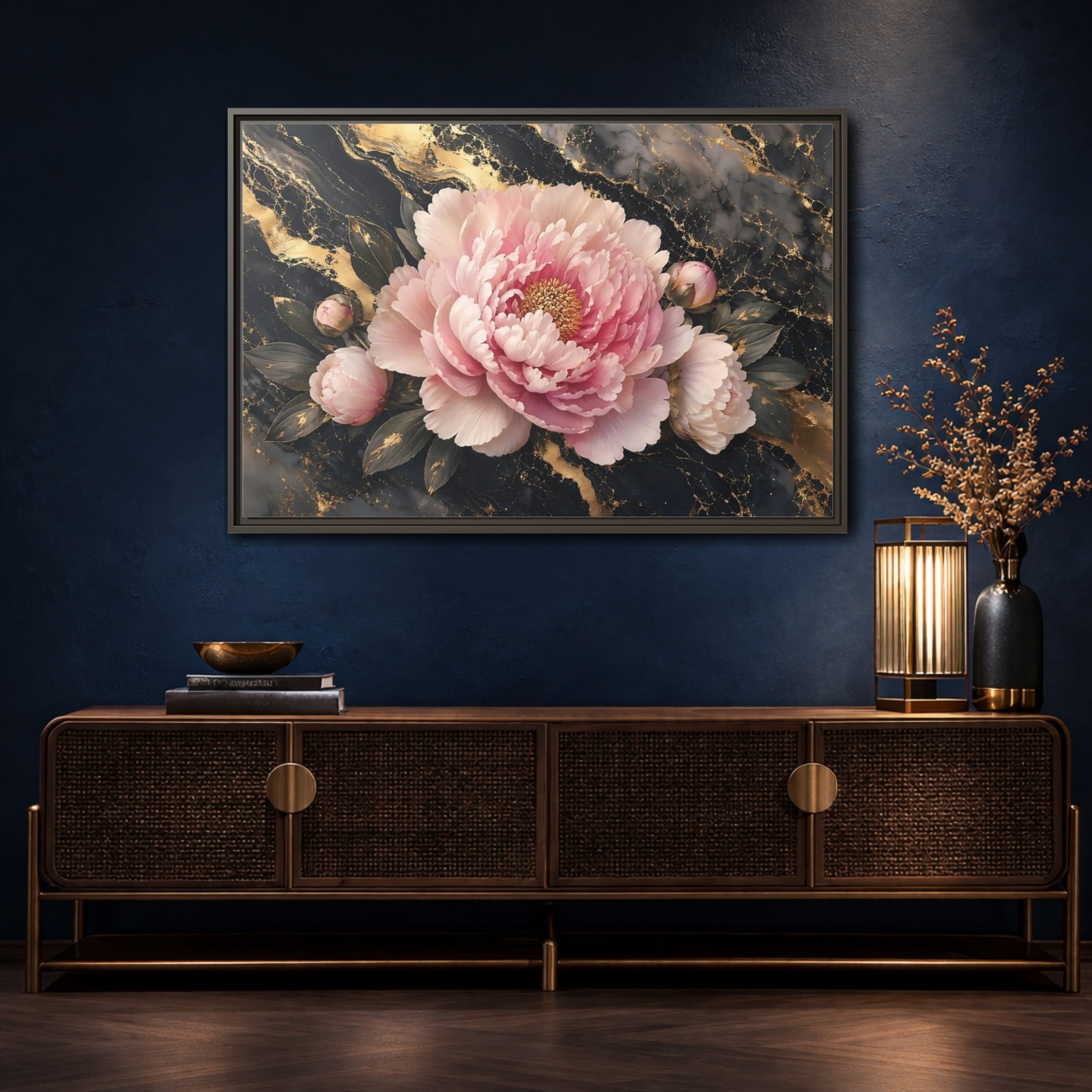 Mockup 4. Floral Peony Pink Gold Peony shown as stretched canvas wall art