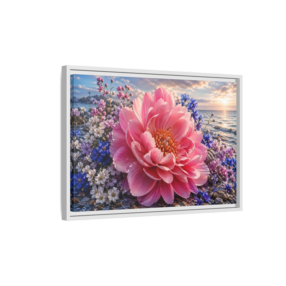 Side Mockup 1. Floral Peony Pink Peony Ocean shown as stretched canvas wall art
