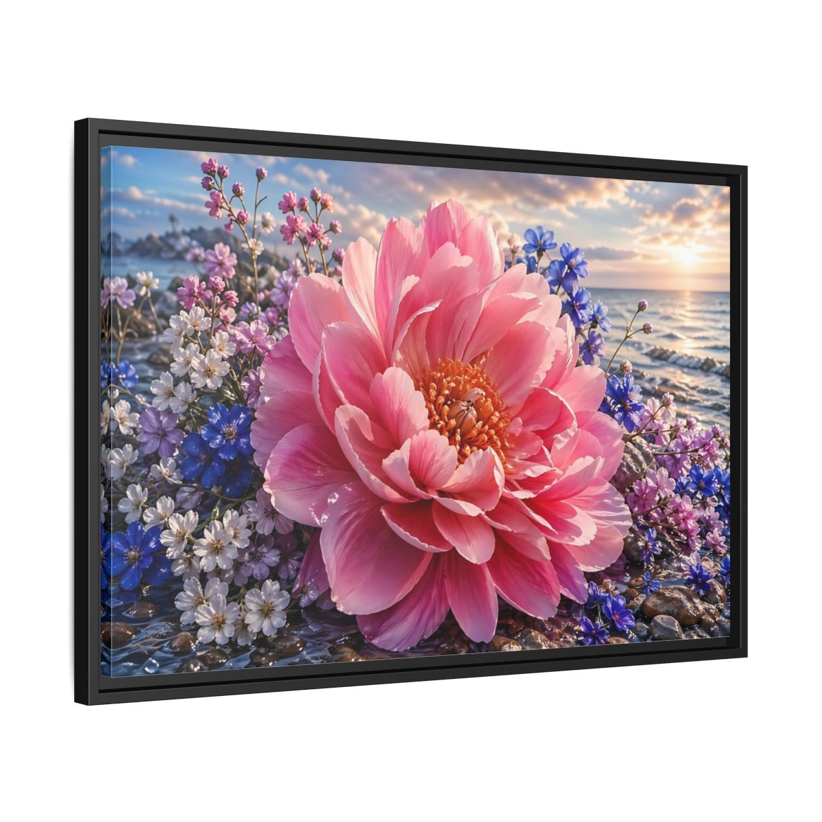 Side Mockup 14. Floral Peony Pink Peony Ocean shown as stretched canvas wall art