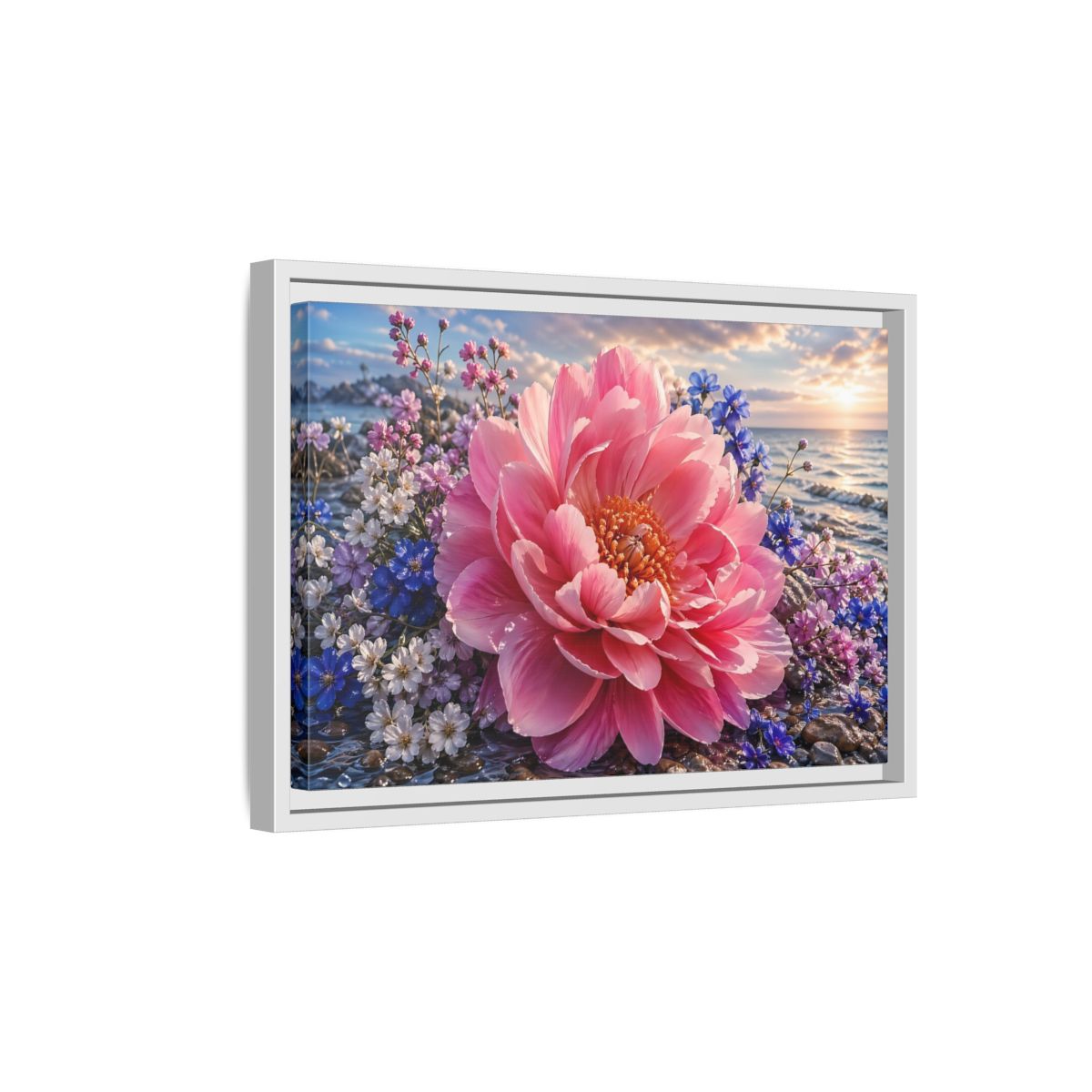 Side Mockup 4. Floral Peony Pink Peony Ocean shown as stretched canvas wall art