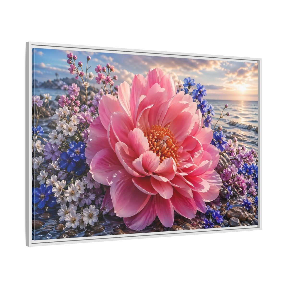 Side Mockup 7. Floral Peony Pink Peony Ocean shown as stretched canvas wall art