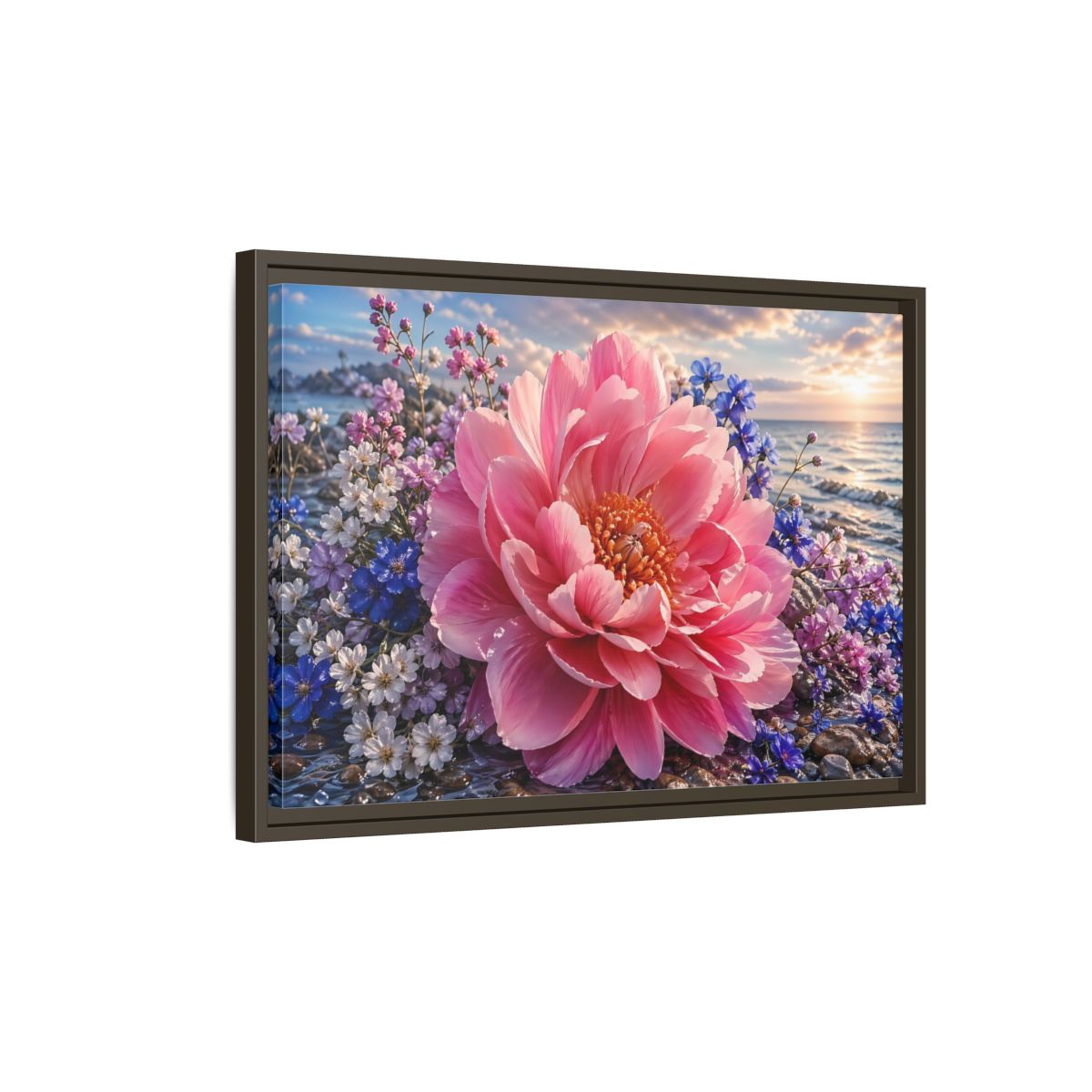Side Mockup 2. Floral Peony Pink Peony Ocean shown as stretched canvas wall art