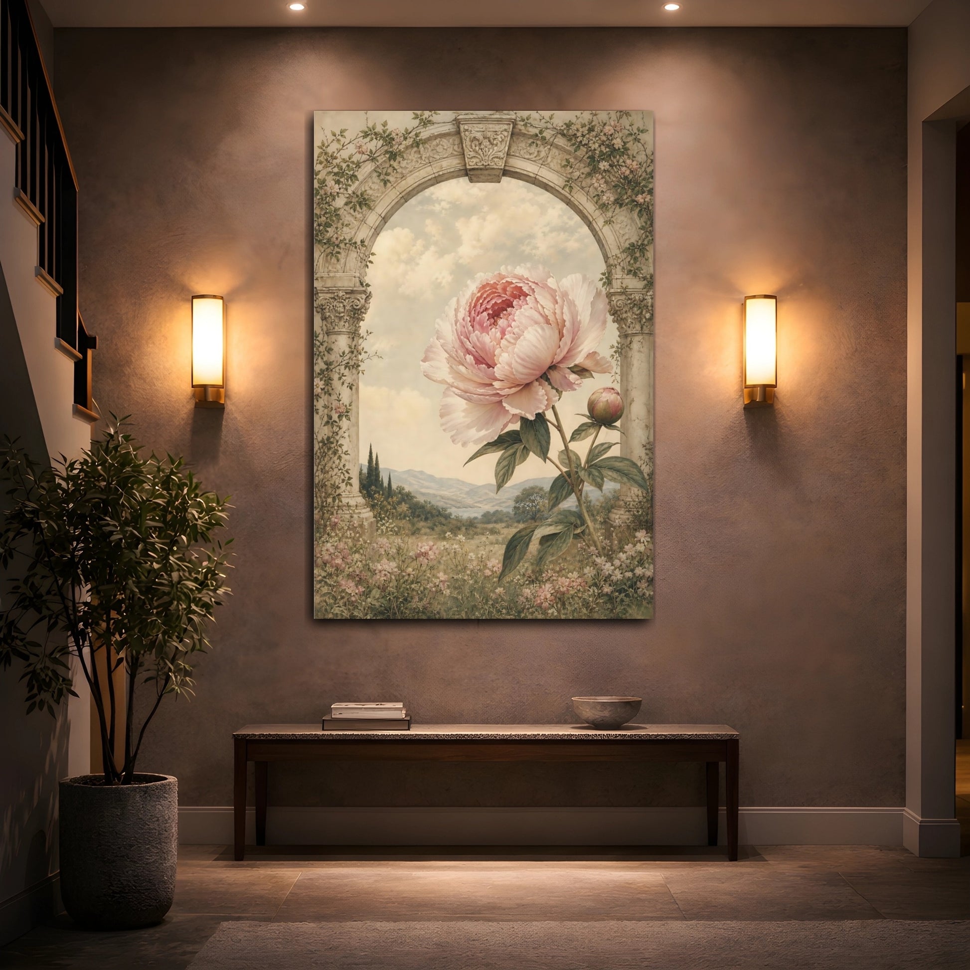Mockup 2. Floral Peony Pink Peony Arch shown as stretched canvas wall art