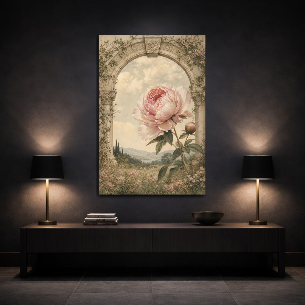 Mockup 3. Floral Peony Pink Peony Arch shown as stretched canvas wall art