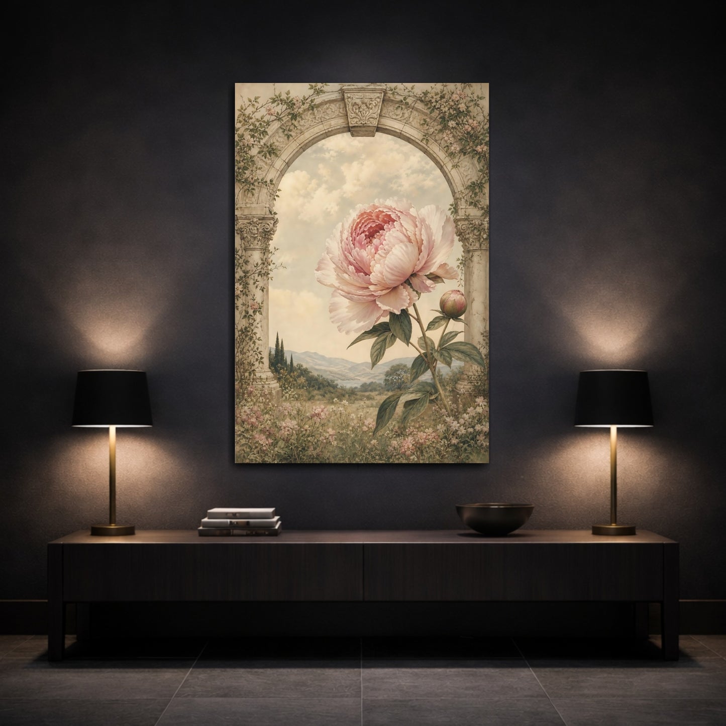 Mockup 3. Floral Peony Pink Peony Arch shown as stretched canvas wall art