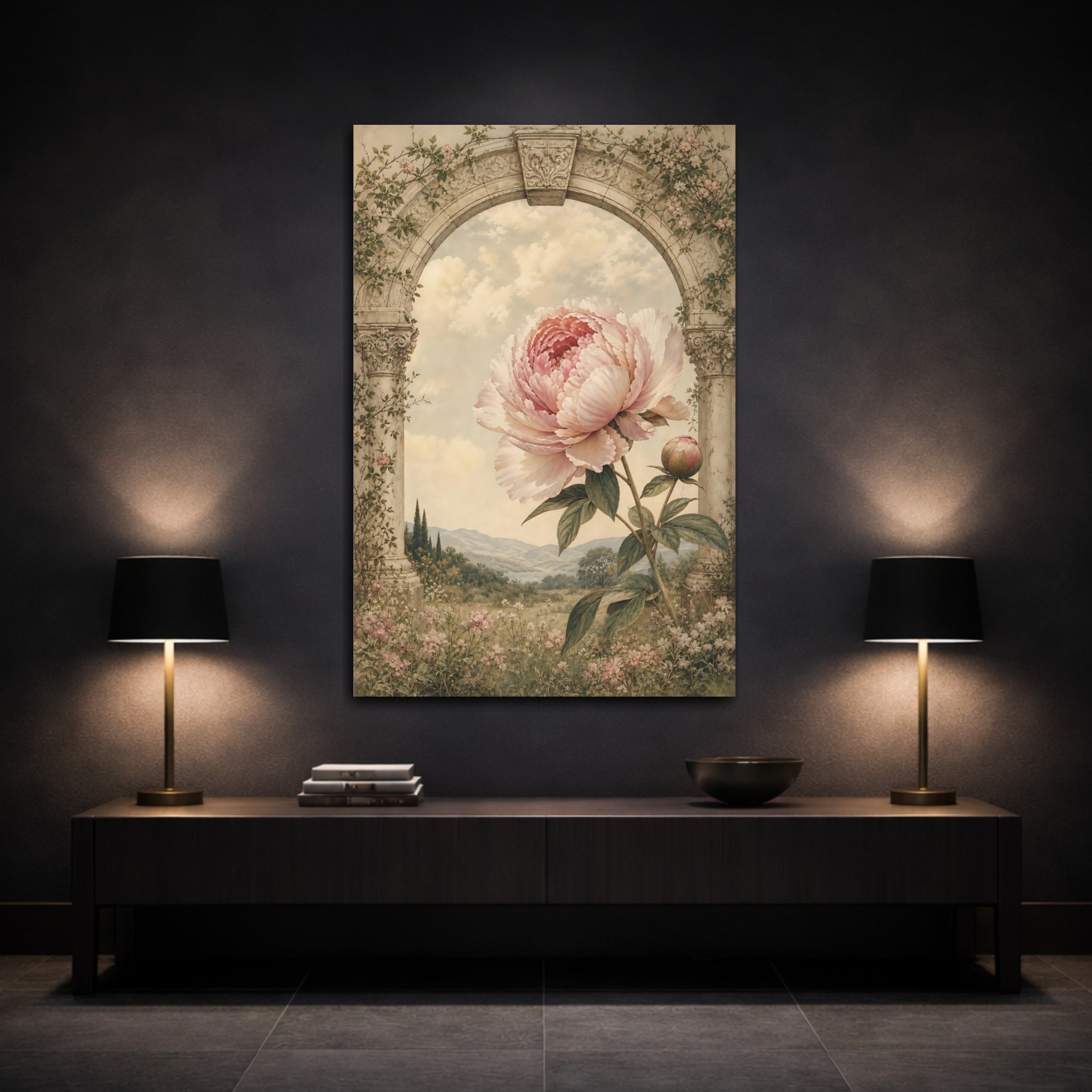 Mockup 3. Floral Peony Pink Peony Arch shown as stretched canvas wall art