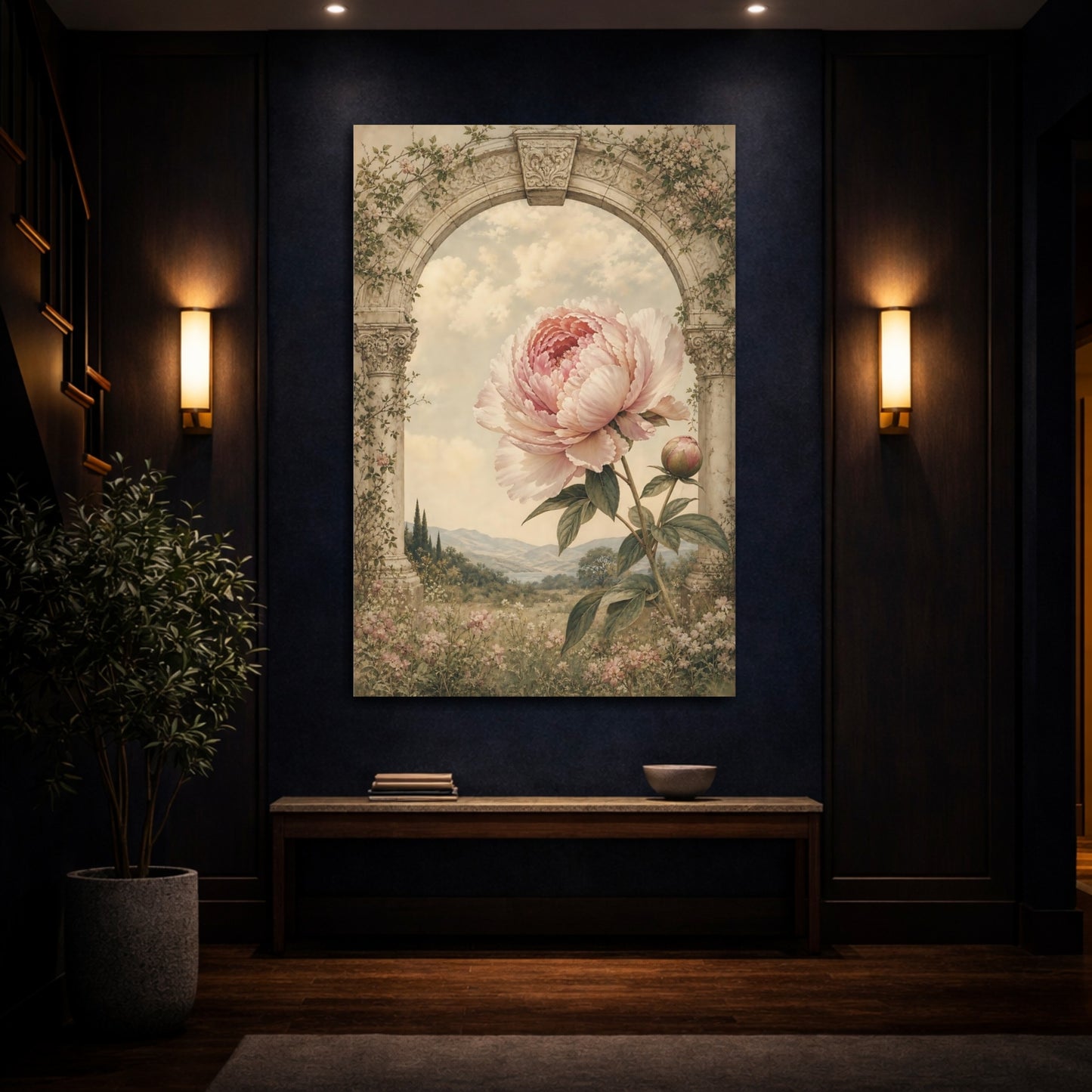 Mockup 4. Floral Peony Pink Peony Arch shown as stretched canvas wall art