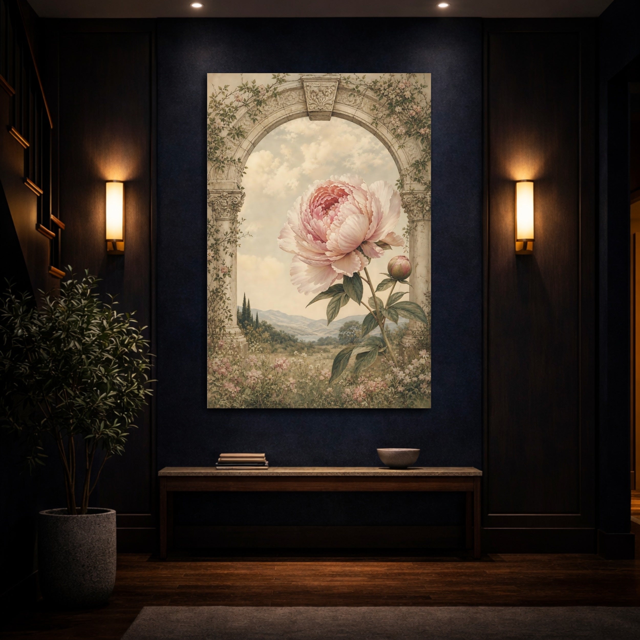 Mockup 4. Floral Peony Pink Peony Arch shown as stretched canvas wall art