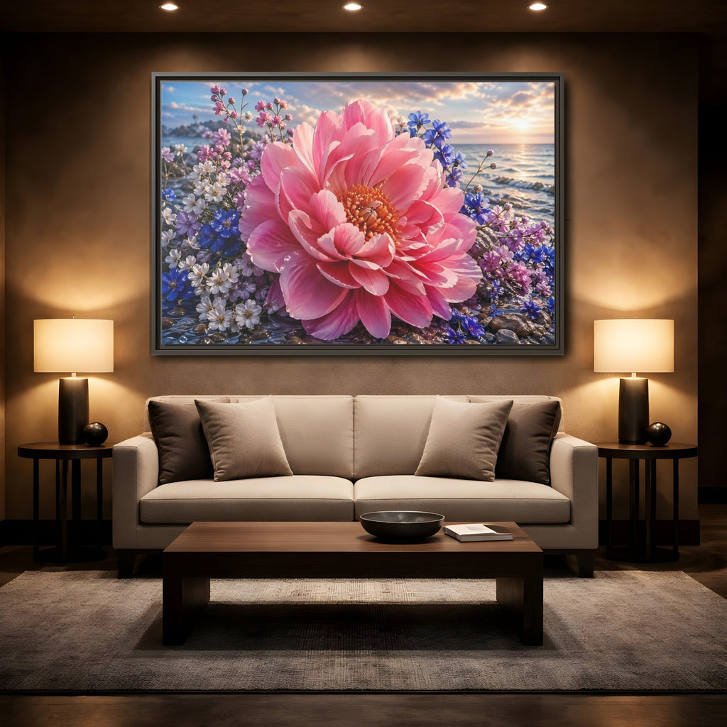 Mockup 2. Floral Peony Pink Peony Ocean shown as stretched canvas wall art