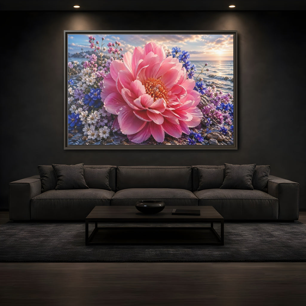 Mockup 3. Floral Peony Pink Peony Ocean shown as stretched canvas wall art
