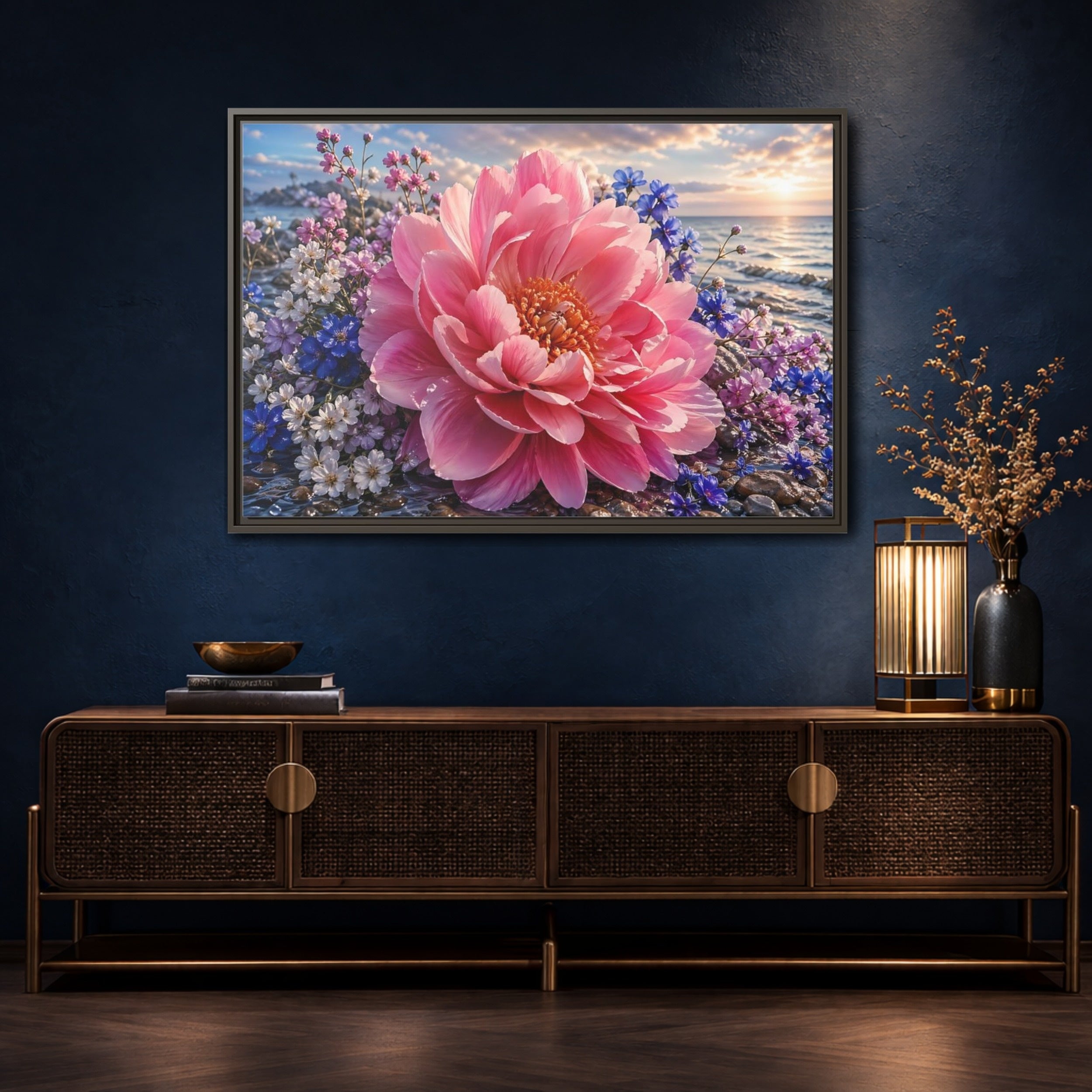 Mockup 4. Floral Peony Pink Peony Ocean shown as stretched canvas wall art