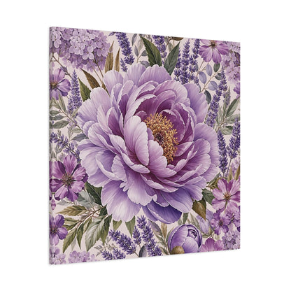 Side Mockup 1. Floral Peony Purple Floral shown as stretched canvas wall art