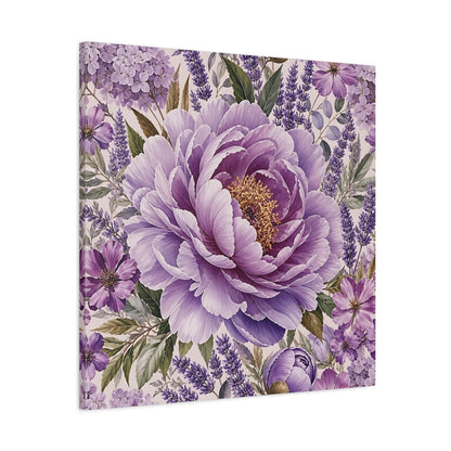 Side Mockup 3. Floral Peony Purple Floral shown as stretched canvas wall art