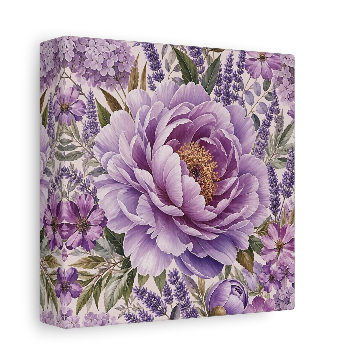 Side Mockup 2. Floral Peony Purple Floral shown as stretched canvas wall art