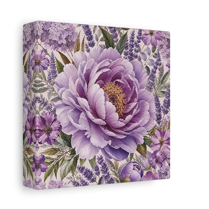 Side Mockup 2. Floral Peony Purple Floral shown as stretched canvas wall art