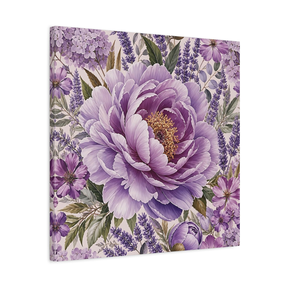 Side Mockup 4. Floral Peony Purple Floral shown as stretched canvas wall art