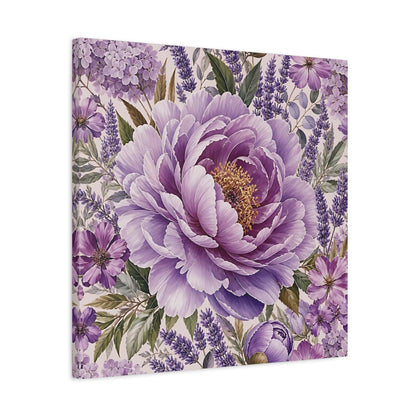 Side Mockup 4. Floral Peony Purple Floral shown as stretched canvas wall art