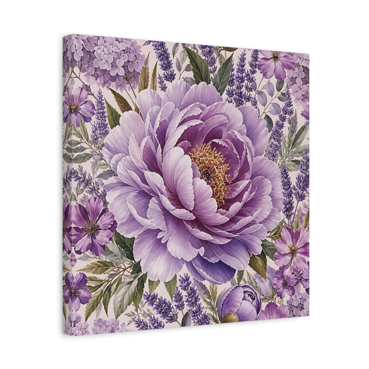 Side Mockup 6. Floral Peony Purple Floral shown as stretched canvas wall art
