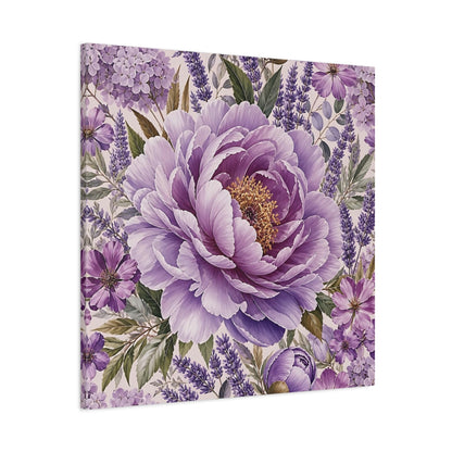 Main Mockup. Floral Peony Purple Floral shown as stretched canvas wall art
