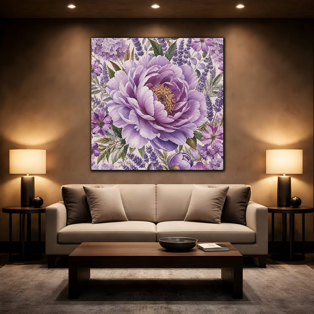 Mockup 2. Floral Peony Purple Floral shown as stretched canvas wall art