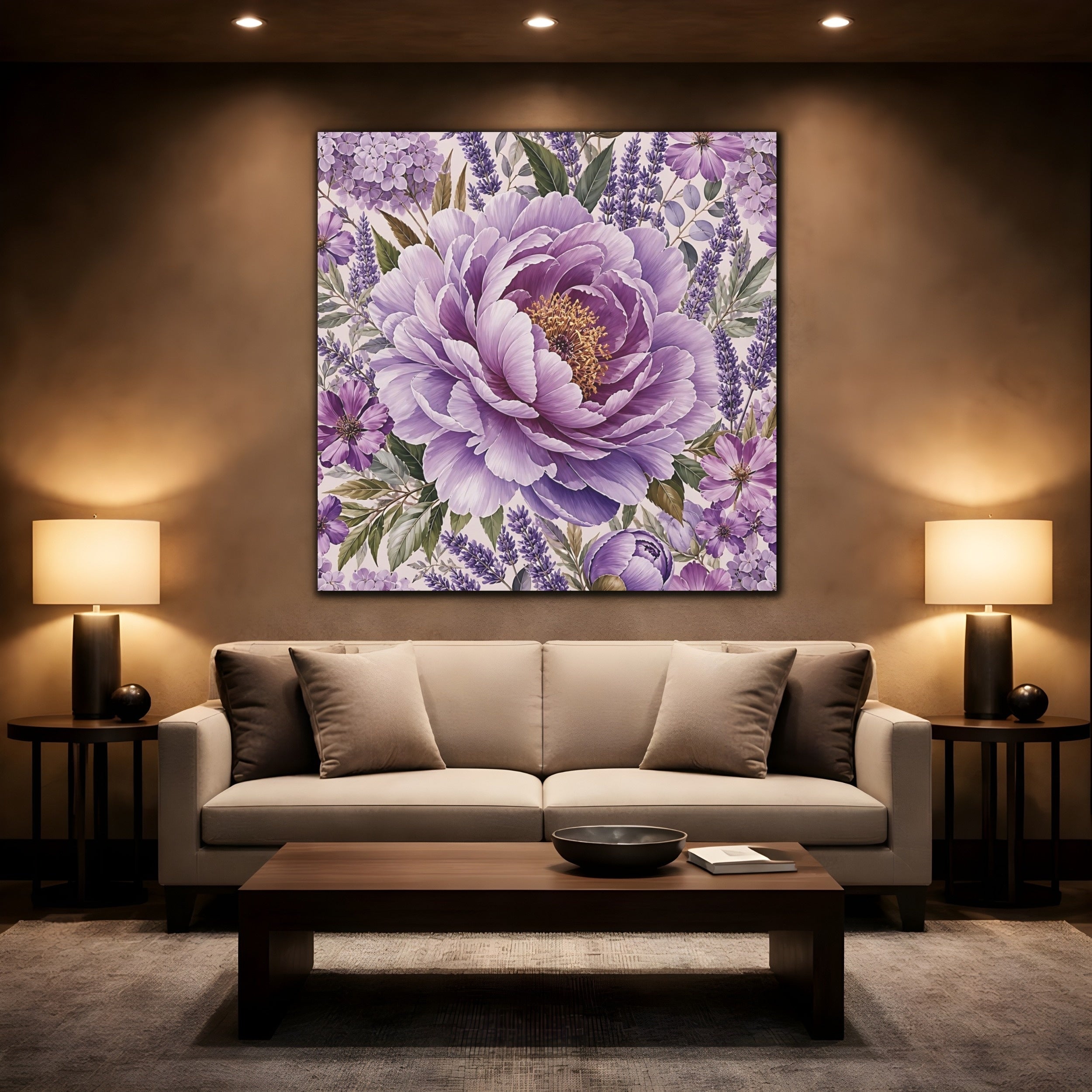 Mockup 2. Floral Peony Purple Floral shown as stretched canvas wall art