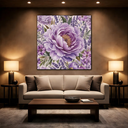 Mockup 2. Floral Peony Purple Floral shown as stretched canvas wall art