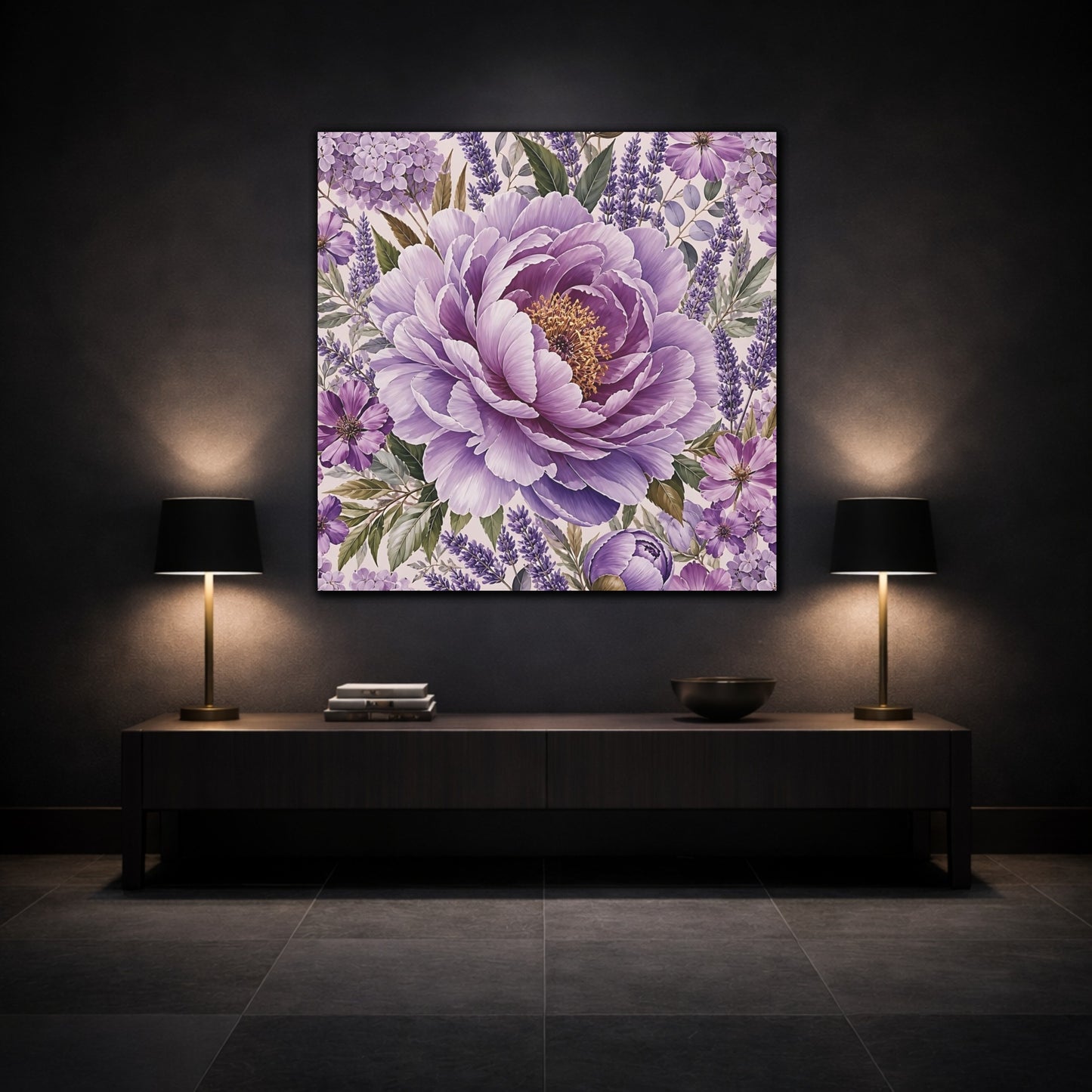 Mockup 3. Floral Peony Purple Floral shown as stretched canvas wall art