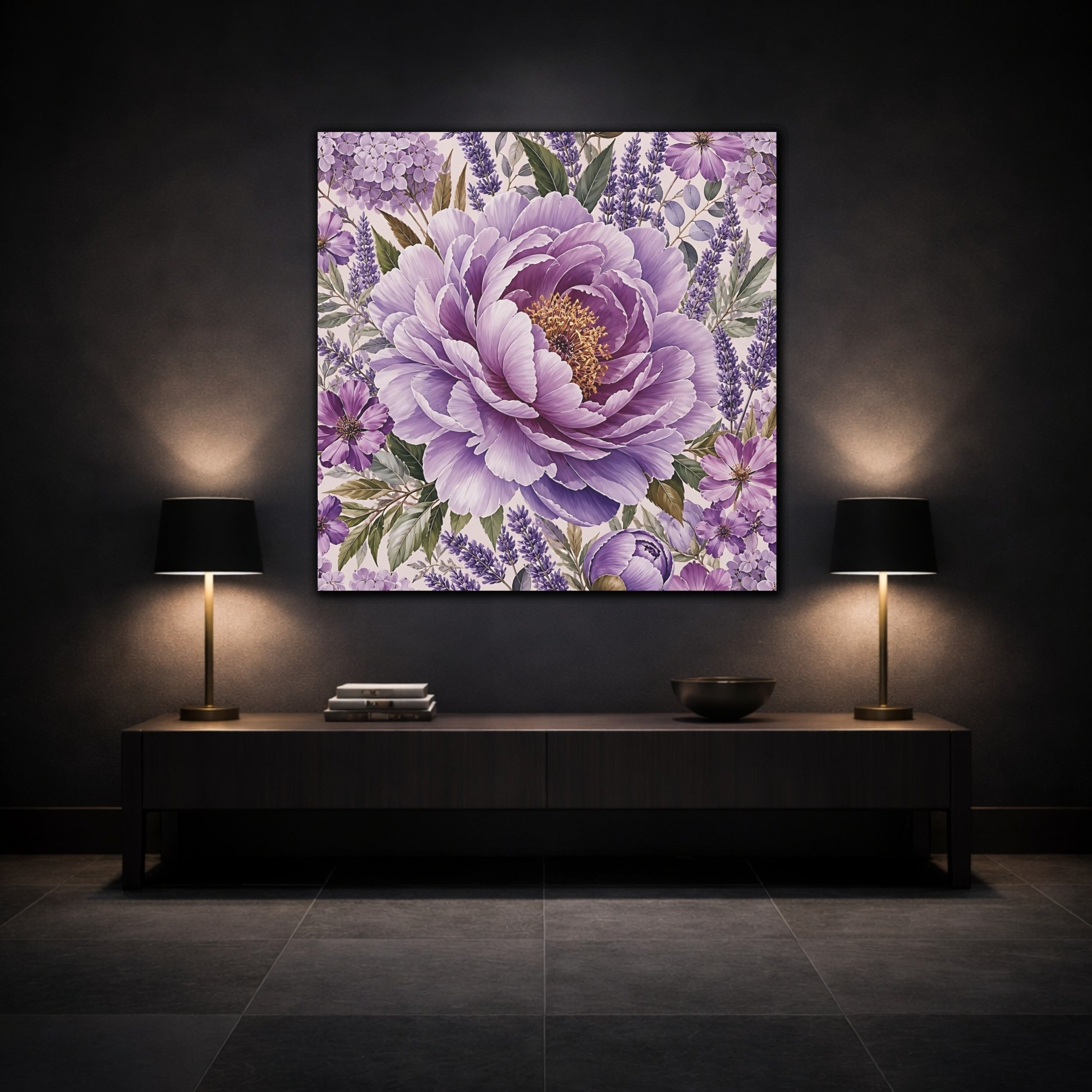 Mockup 3. Floral Peony Purple Floral shown as stretched canvas wall art