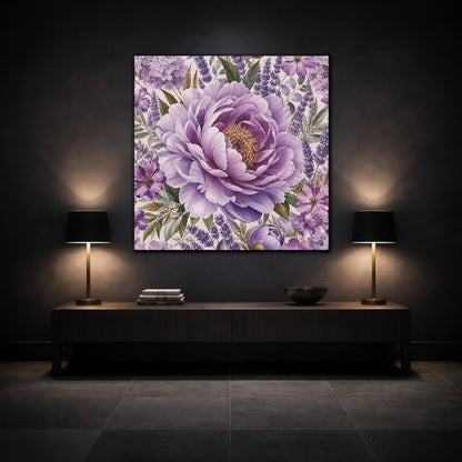 Mockup 3. Floral Peony Purple Floral shown as stretched canvas wall art
