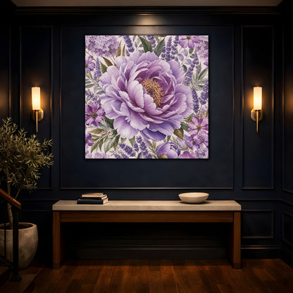 Mockup 4. Floral Peony Purple Floral shown as stretched canvas wall art