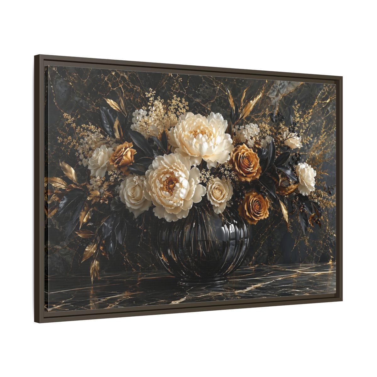 Main Mockup. Floral Peony Roses Black Gold Flowers shown as stretched canvas wall art