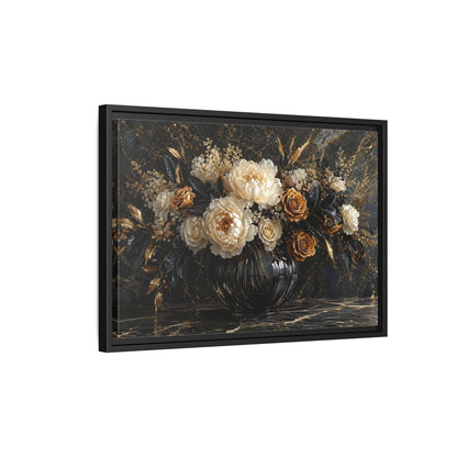 Side Mockup 3. Floral Peony Roses Black Gold Flowers shown as stretched canvas wall art