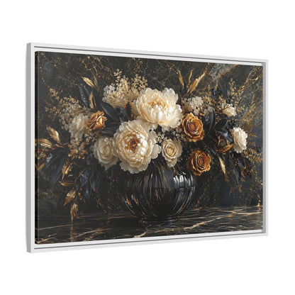 Side Mockup 9. Floral Peony Roses Black Gold Flowers shown as stretched canvas wall art