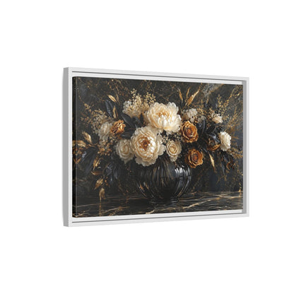 Side Mockup 1. Floral Peony Roses Black Gold Flowers shown as stretched canvas wall art