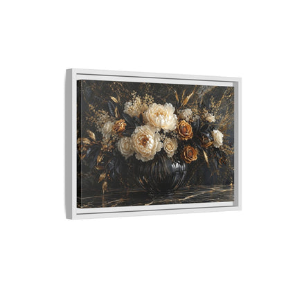 Side Mockup 4. Floral Peony Roses Black Gold Flowers shown as stretched canvas wall art